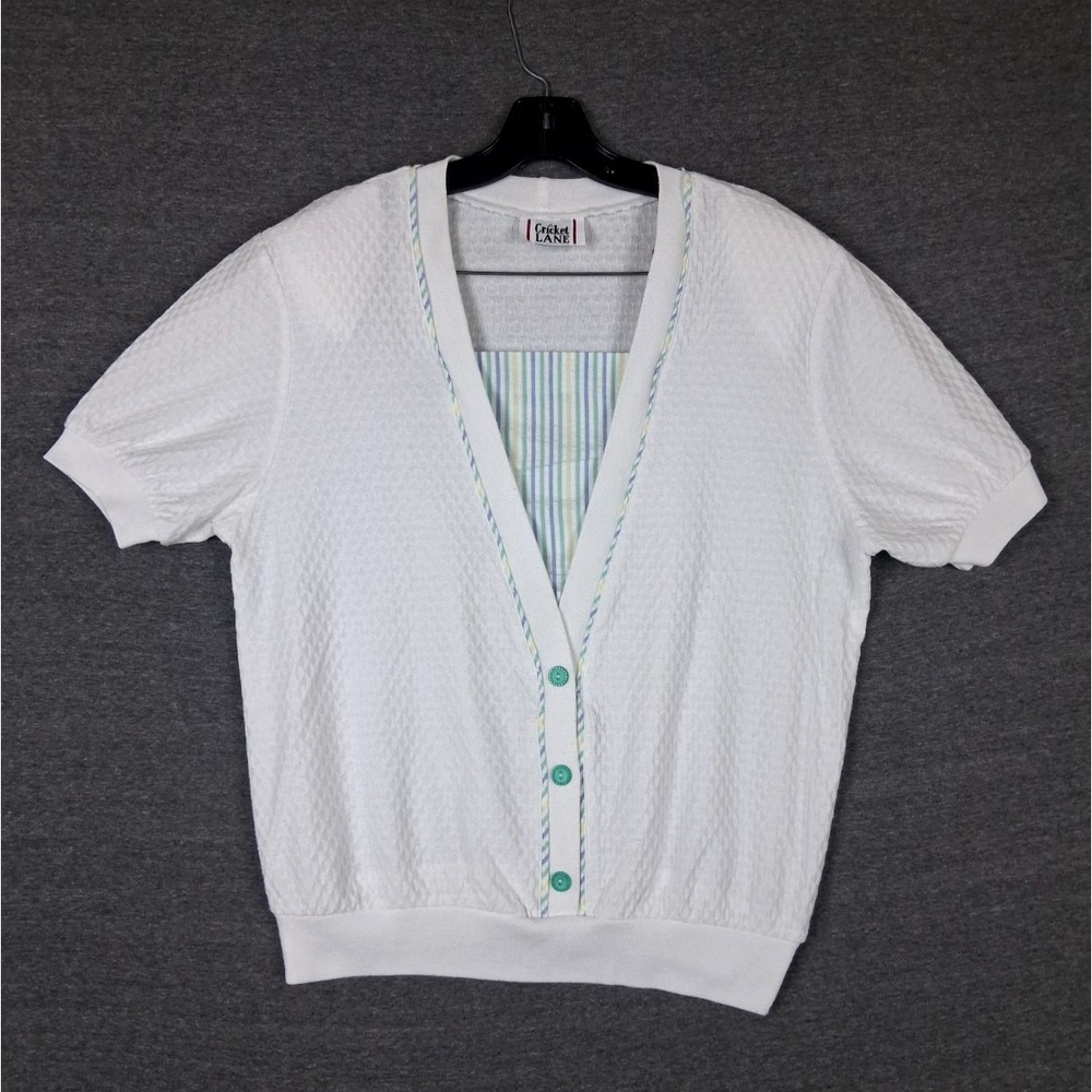 Cricket Lane Womens Sweater Large White Green Seersucker Trim Preppy‎ Granny